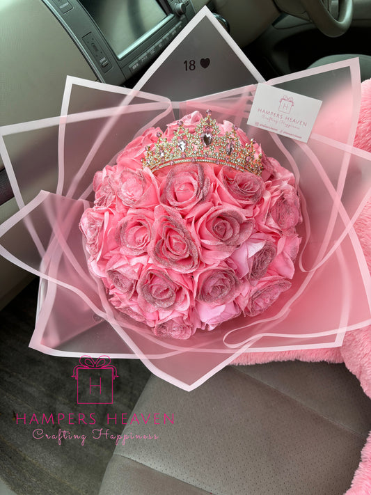 Forever Glitter Pink Rose Bouquet with Tiara and Vinyl Letters