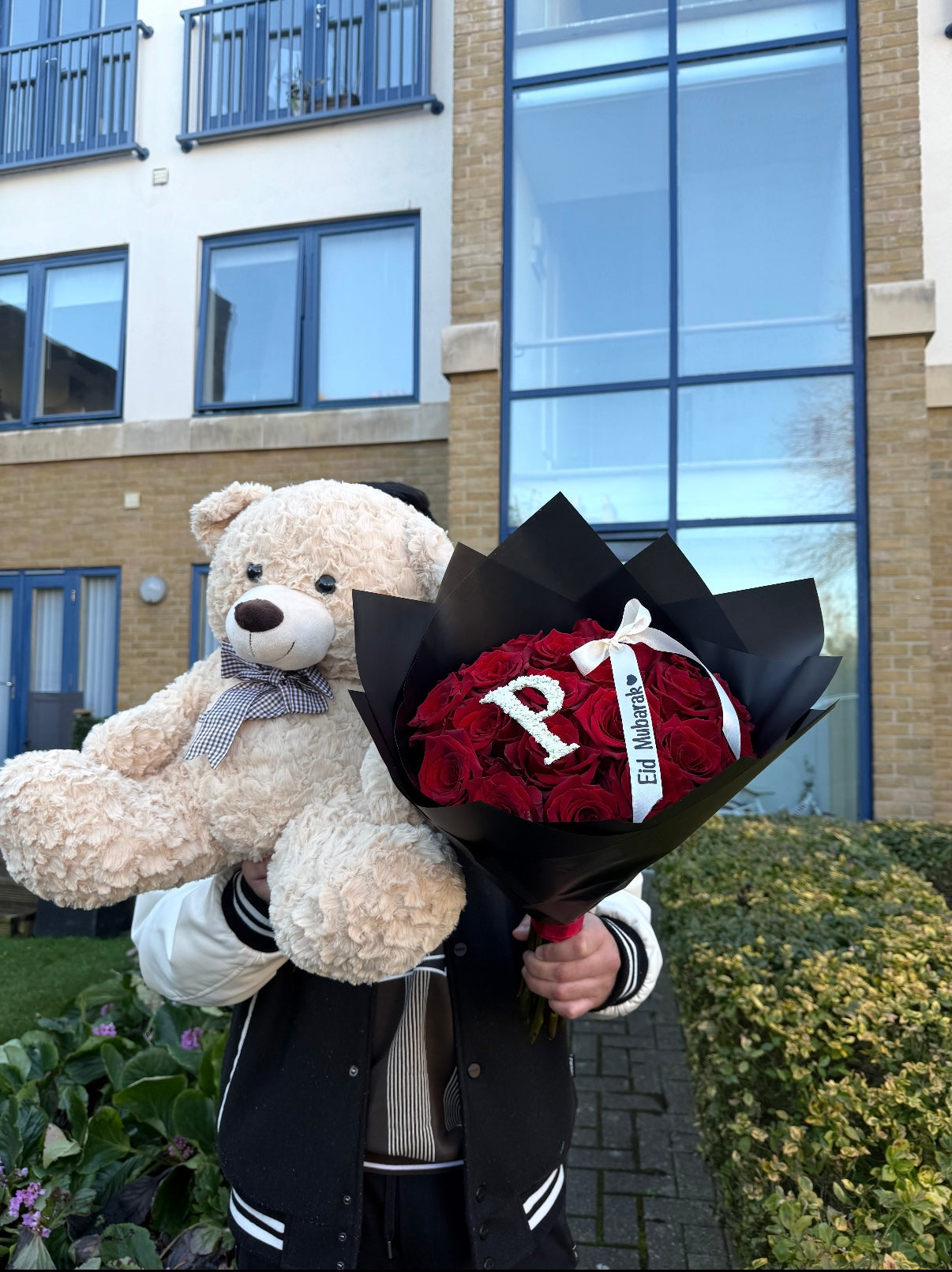 Fresh Letter Initial Red Rose Bouquet & Teddy