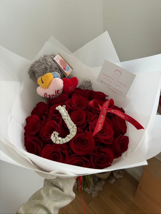 Fresh Red Rose Bouquet with Letter Initial and Small Teddy