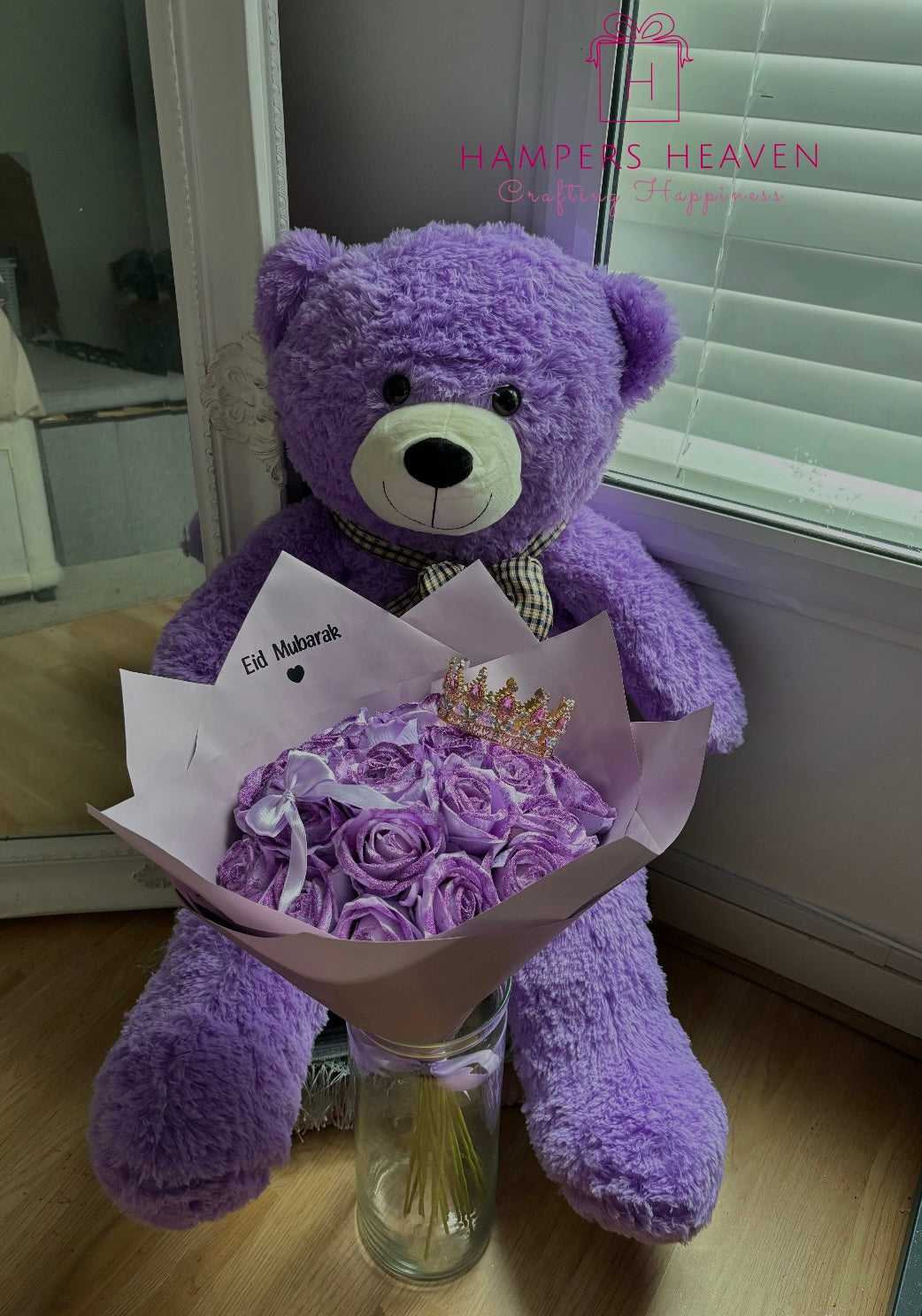 Forever Large Glitter Purple Rose Bouquet, Crown & Teddy Bear (with Vinyl Stickers)