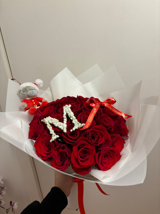 Christmas Fresh Red Rose Bouquet with Letter Initial