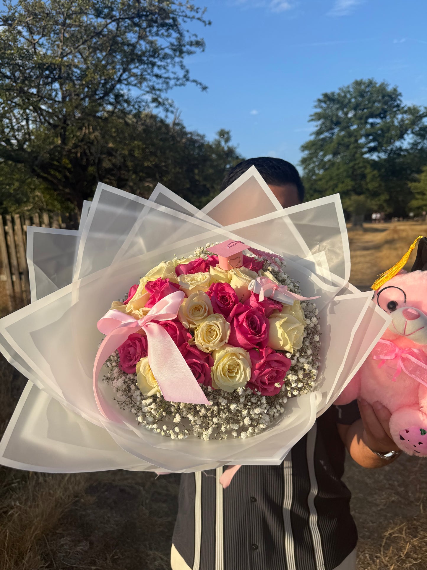 Pink & White Fresh Rose Graduation Bouquet