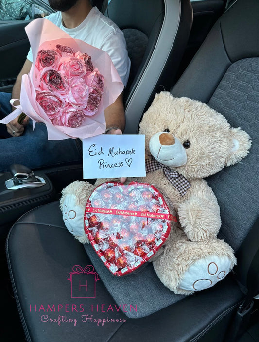 Lindor, KitKat Loveheart + Forever Pink Rose Bouquet + Brown Teddy