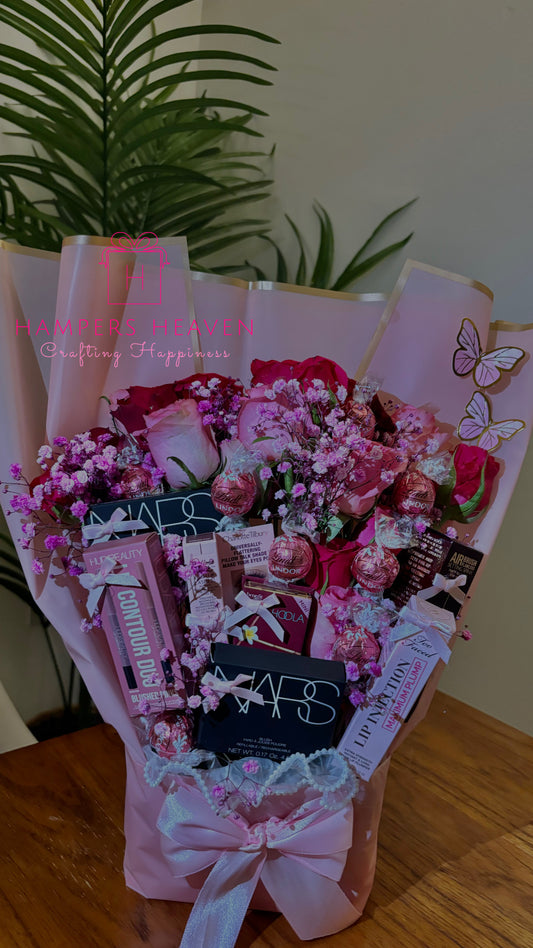 Pink Makeup Bouquet with Pink Roses