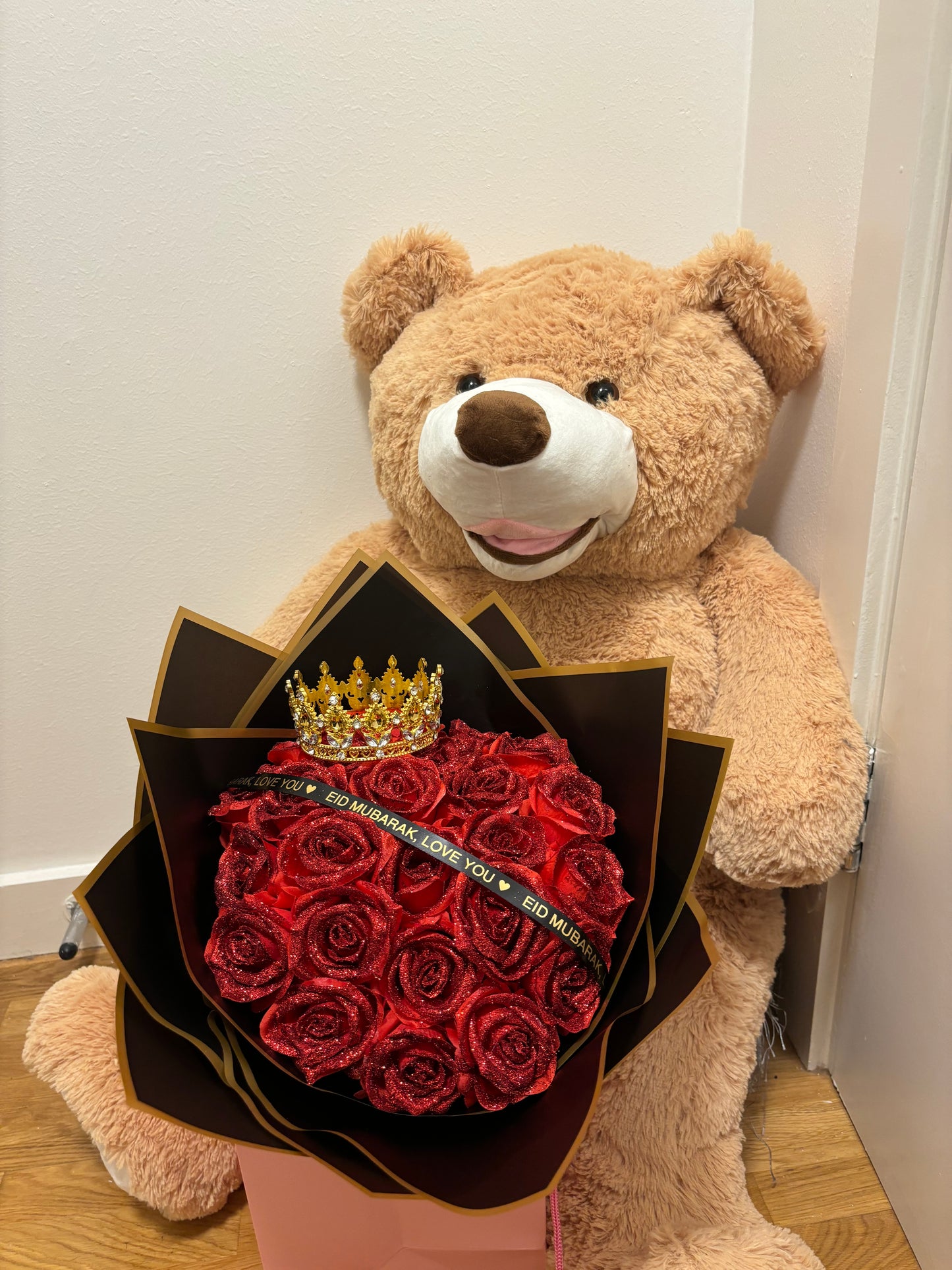 Forever Glitter Red Roses with Tiara + Brown Teddy