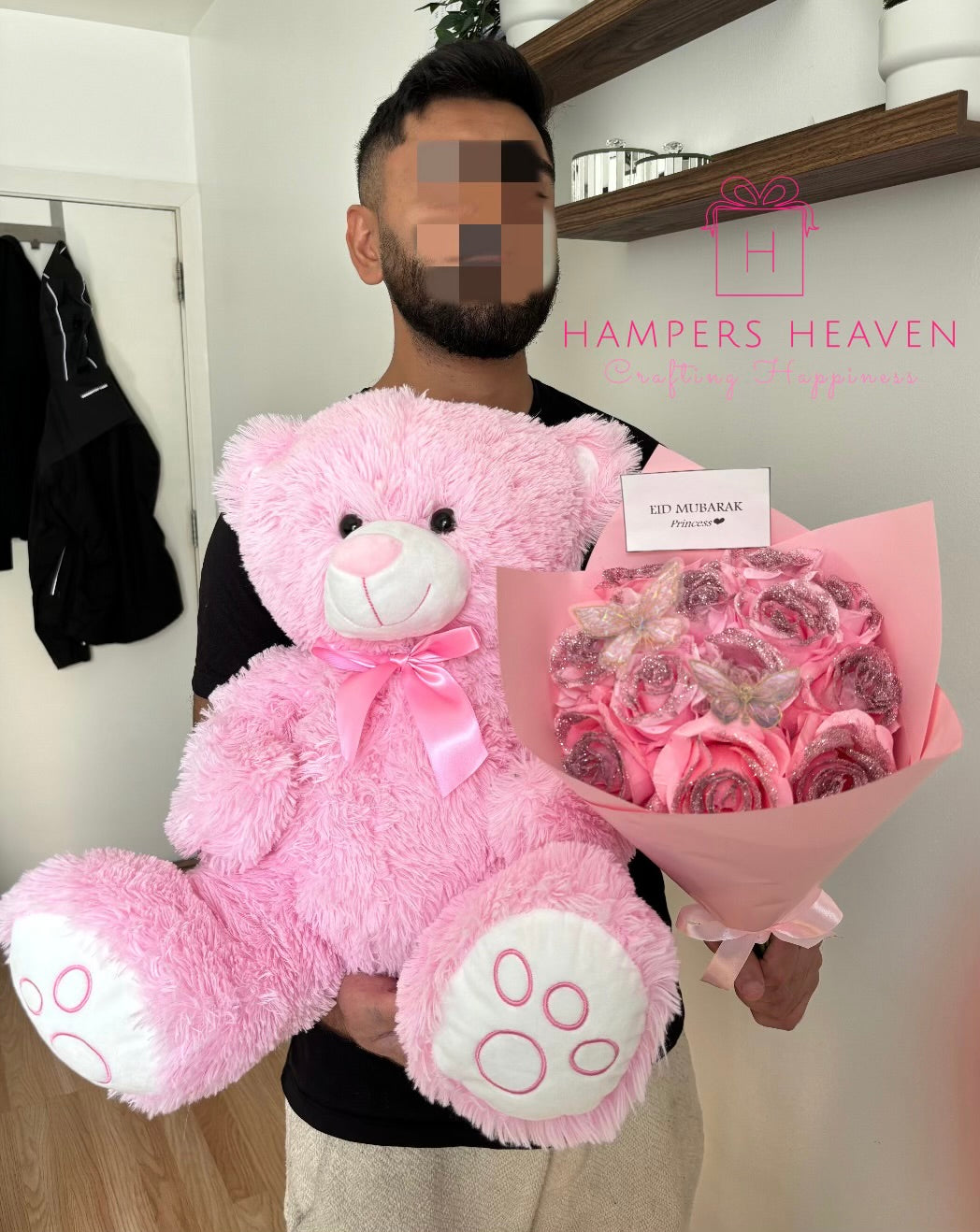 Forever Pink Glitter Roses with Butterfly + Pink Teddy
