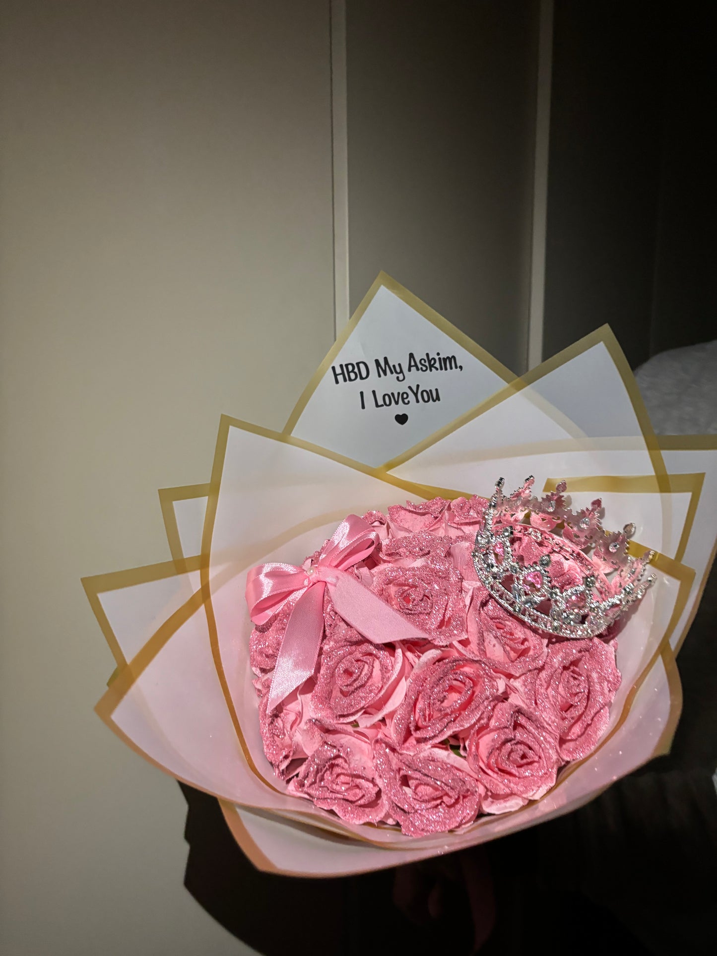Forever Large Glitter Pink Rose Bouquet, Crown (with Vinyl Stickers)