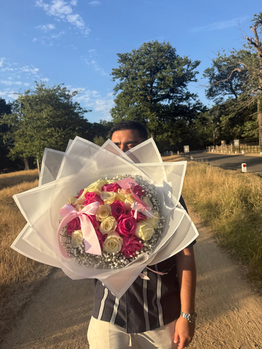 Pink & White Fresh Rose Graduation Bouquet
