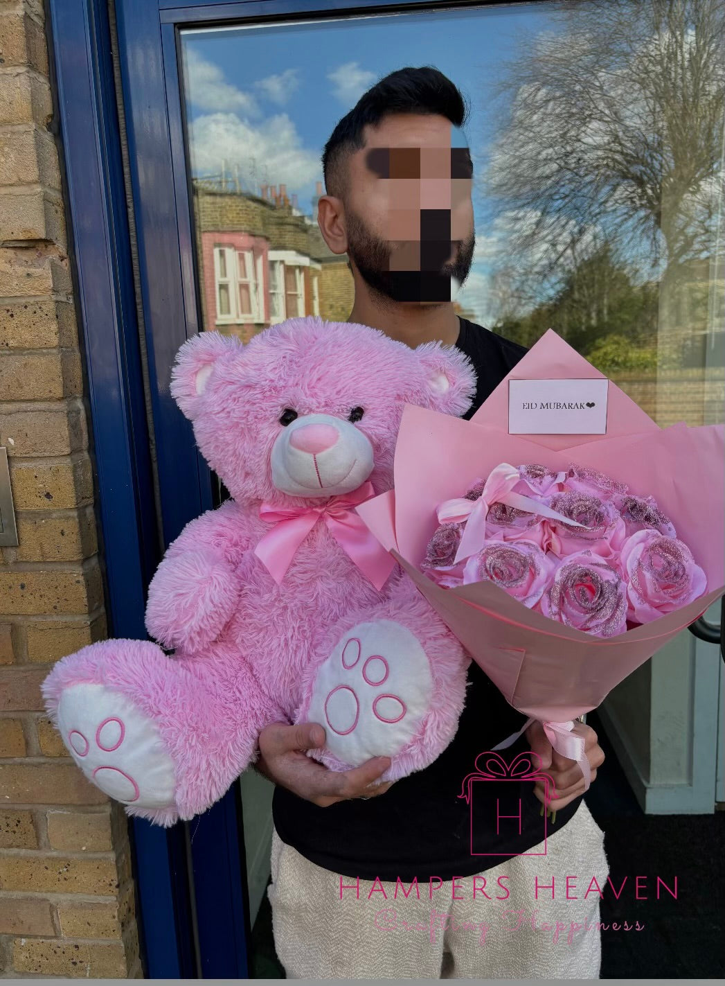 Forever Pink Glitter Roses with bow + Pink Teddy
