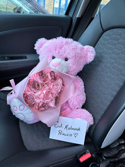 Forever Pink Glitter Roses + Pink Teddy