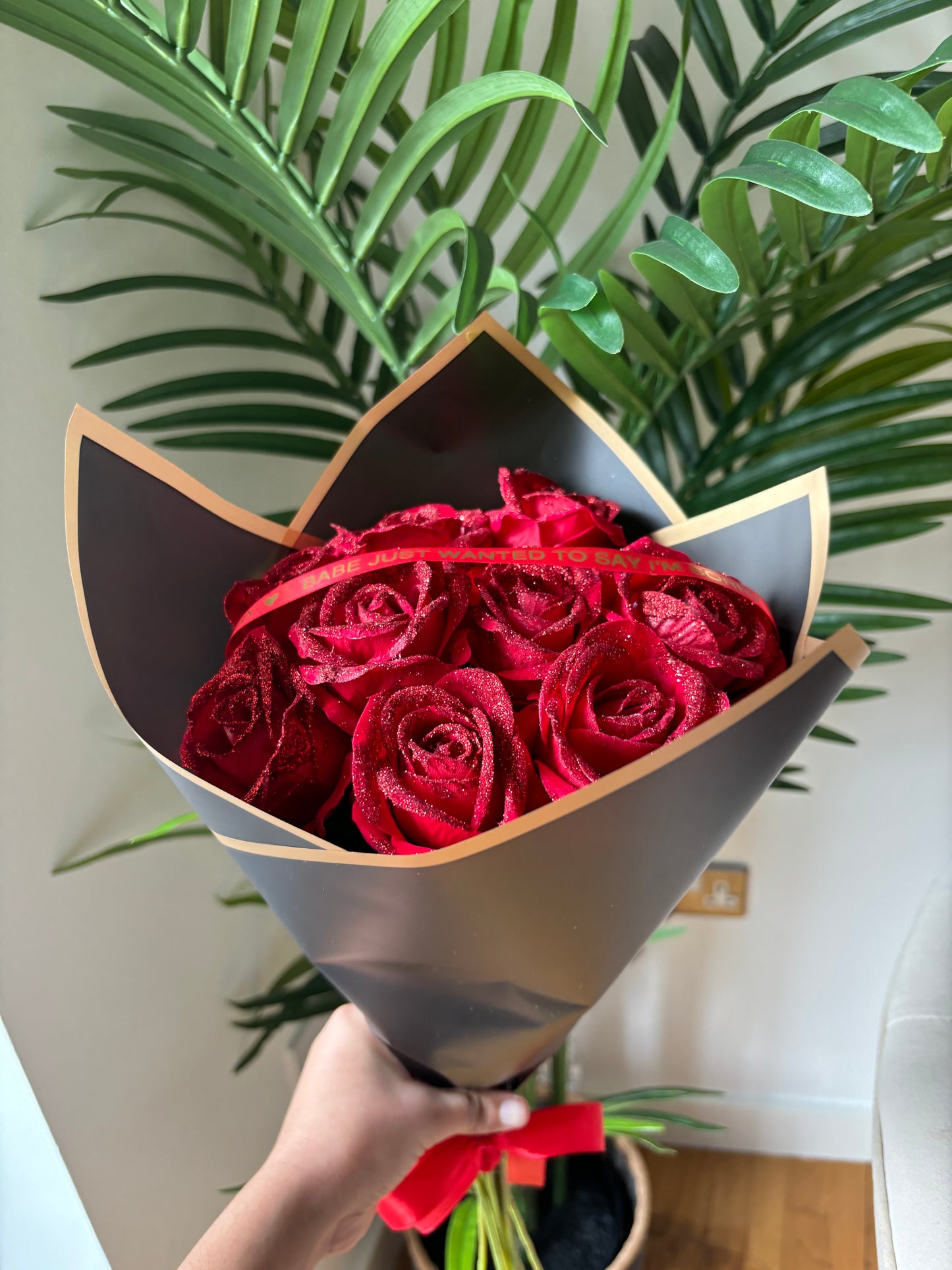 Forever Glitter Red Rose Bouquet with Ribbon