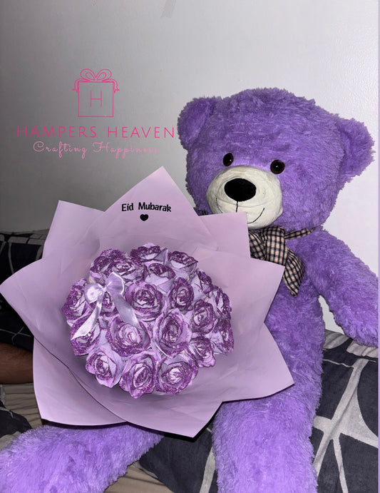 Purple Forever Glitter Rose Bouquet + Teddy Bear