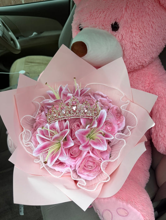 Forever Glitter Pink Rose and Lilly Bouquet