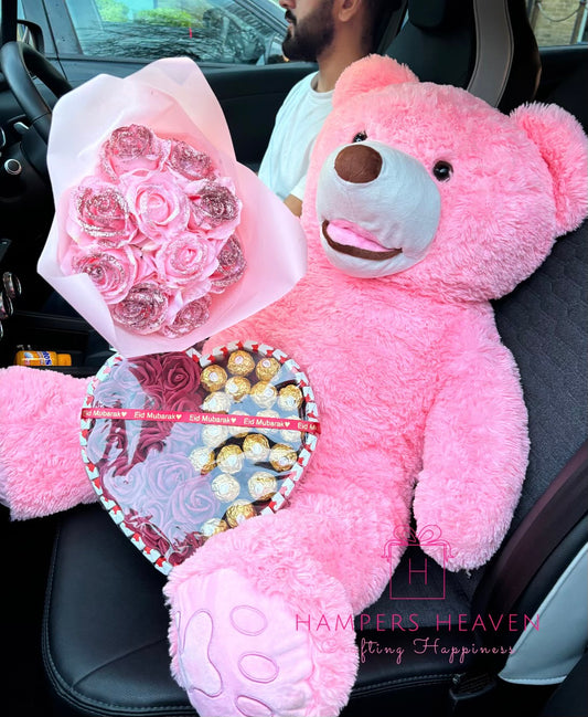 Ferrero Rocher, Kinder and Rose Loveheart + Large Pink Teddy + Forever Pink Rose Bouquet
