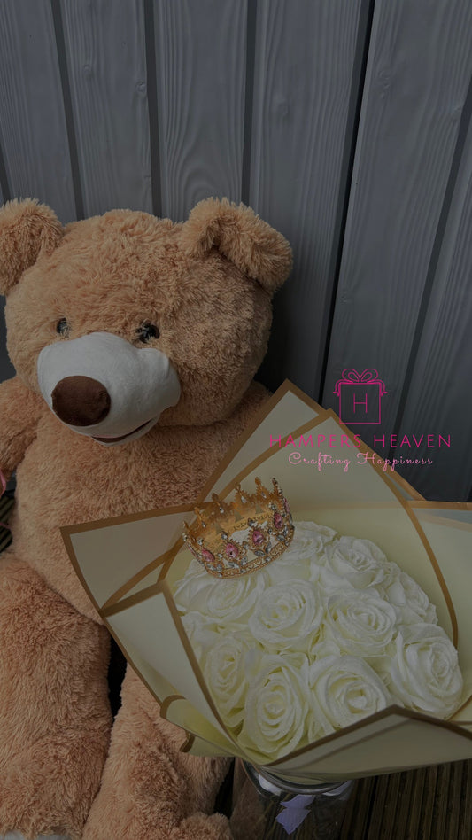 Forever White Rose Bouquet + Brown Teddy