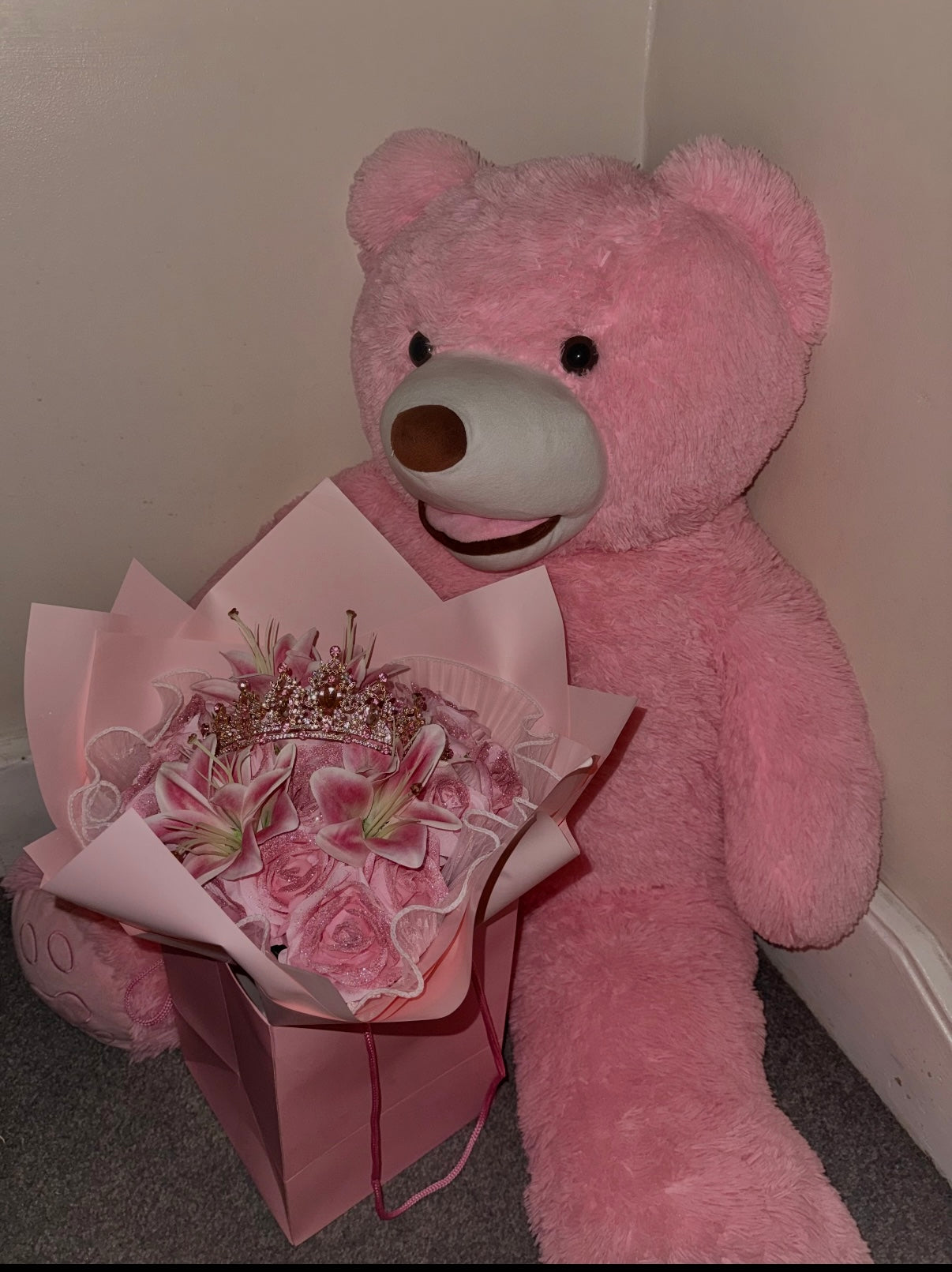 Forever Glitter Pink Rose and Lilly Bouquet with 1m Pink Teddy
