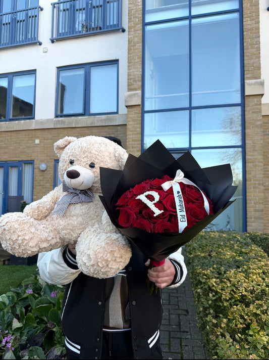 Fresh Letter Initial Red Rose Bouquet & Teddy