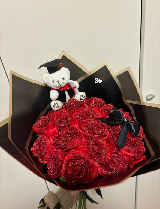 Forever Large Glitter Graduation Red Rose Bouquet, (with Vinyl Stickers)