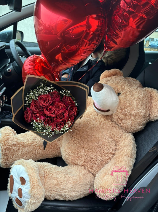 Fresh Red Glitter Rose + Large Brown Teddy + 3x Helium Balloons