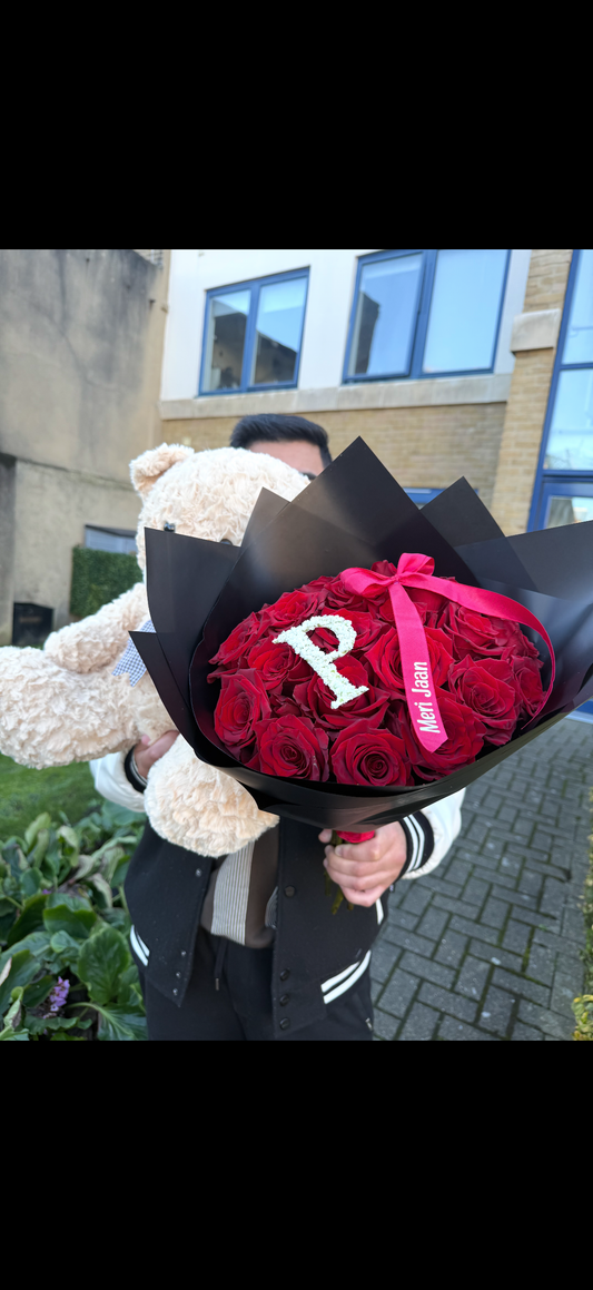 Fresh Red Rose Bouquet with Letter Initial