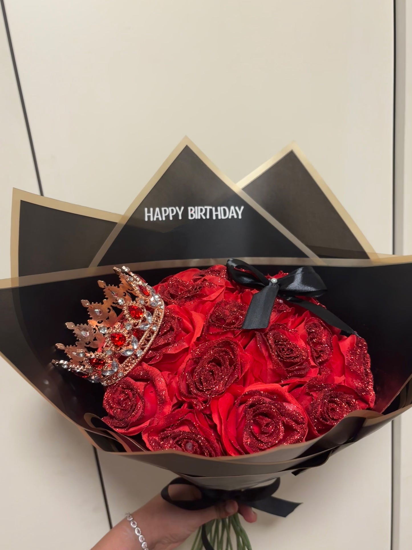 Forever Large Glitter Red Rose Bouquet, Crown (with Vinyl Stickers)
